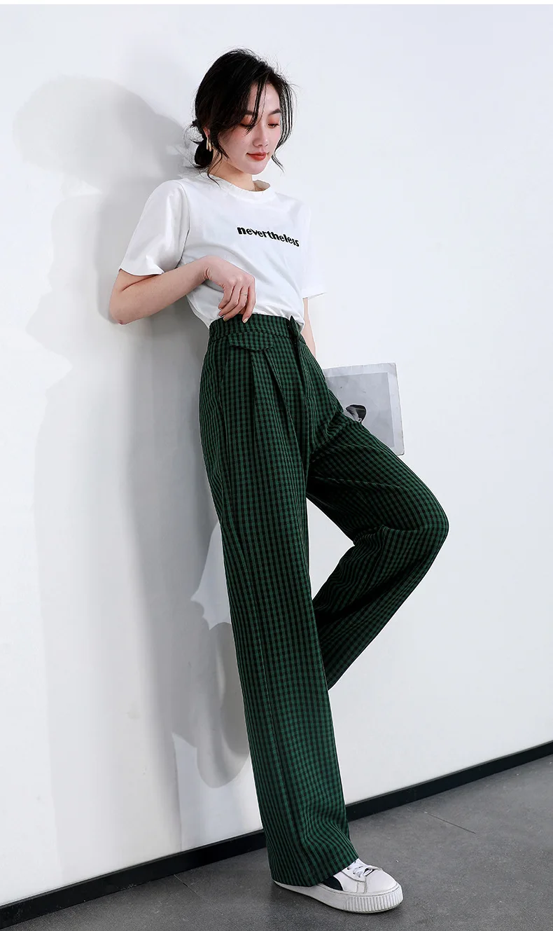 women's fashion 2022 New Elastic Band Waist Pleated Loose Cotton Long Plaid Pants Women Lengthened Long Spring Autumn Trousers Oversize 22113 bell bottom jeans