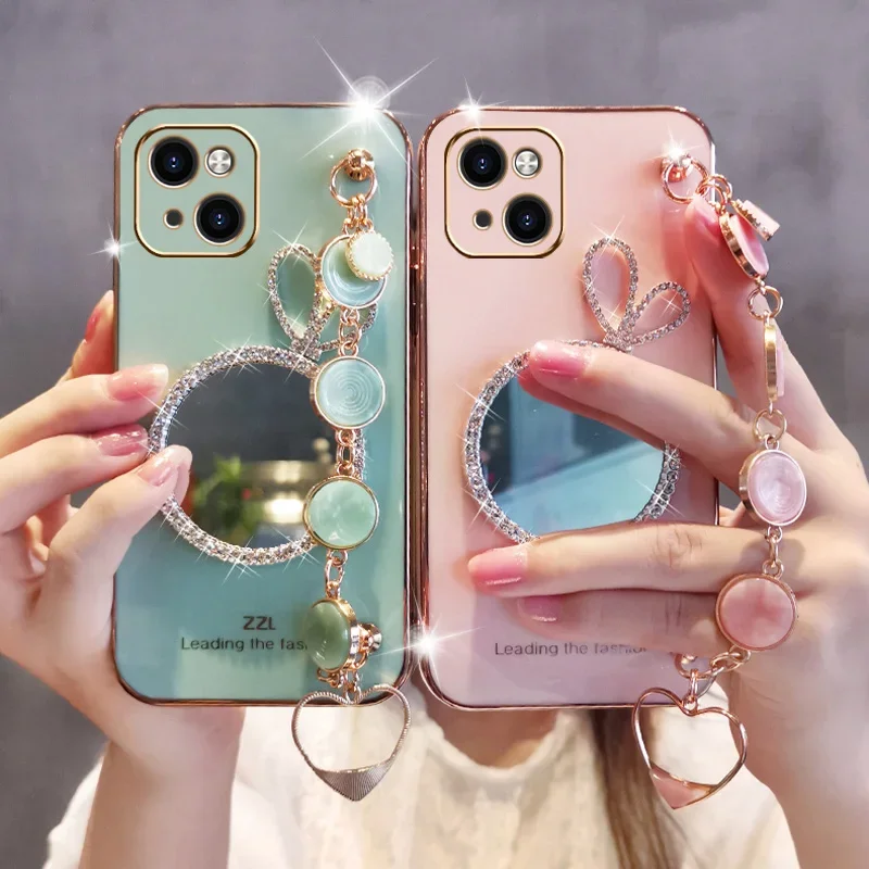 

Round Rabbit Ears Mirror Bracelet Case For iPhone 15 Pro Max 14 13 Pro 12 mini 11 Pro Max 6 8 Plus Gold Plating Cover