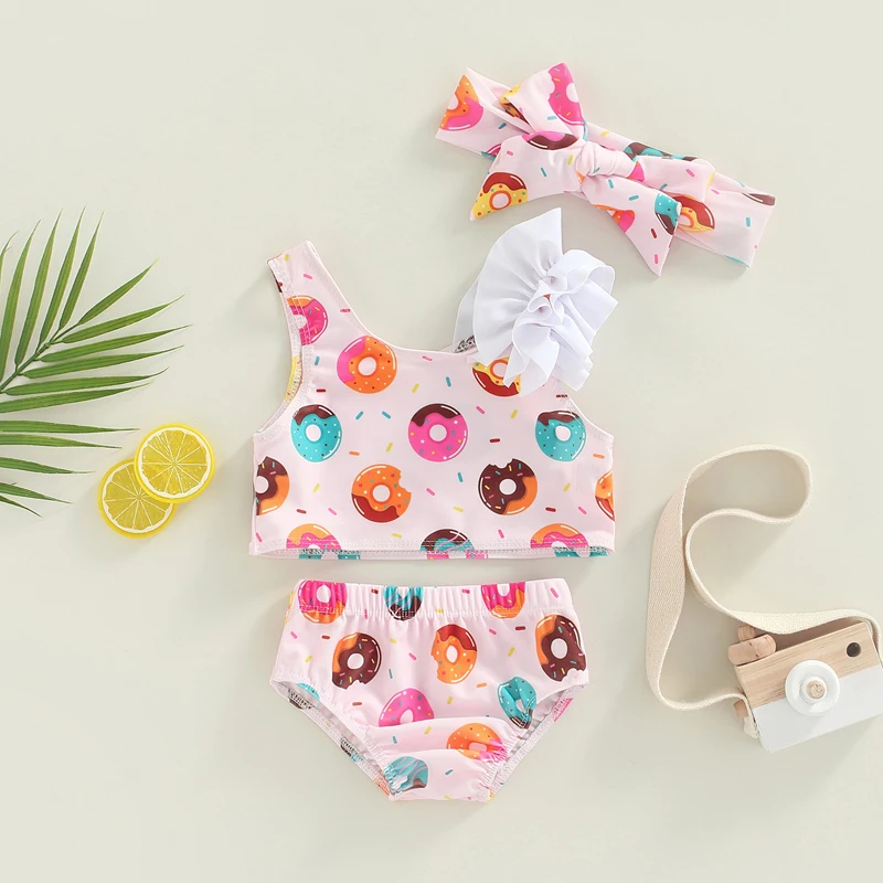 

Toddler Baby Girls Swimwear Cute Doughnut Print Strappy Tops + Pantie + Headbandit 3pcs Bikini Sets Summer Swimsuit Bathing Suit