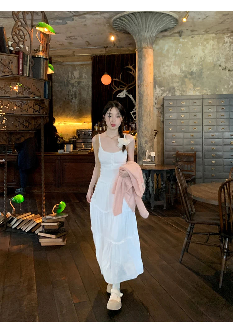 French Elegant Dresses for Women Solid Spaghetti Strap Summer New Ruffles A-line Casual Korean Chic Midi Vestidos Mujer