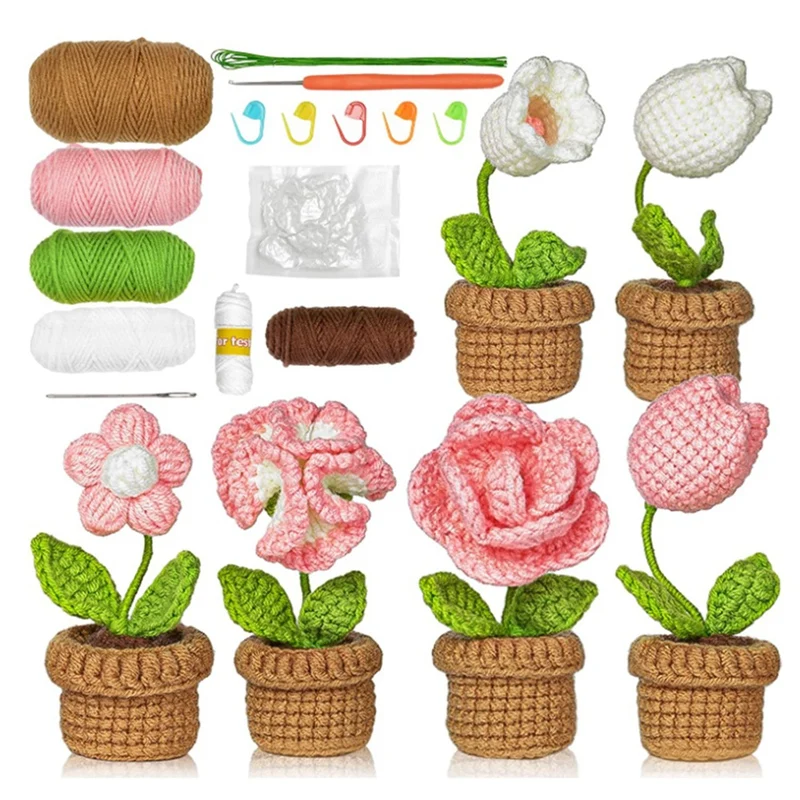 

Beginner Crochet Set -6 Pcs Easy Crochet Flower Set For Adult With Step By Step Video Tutorial Potted Plants For Home Decor