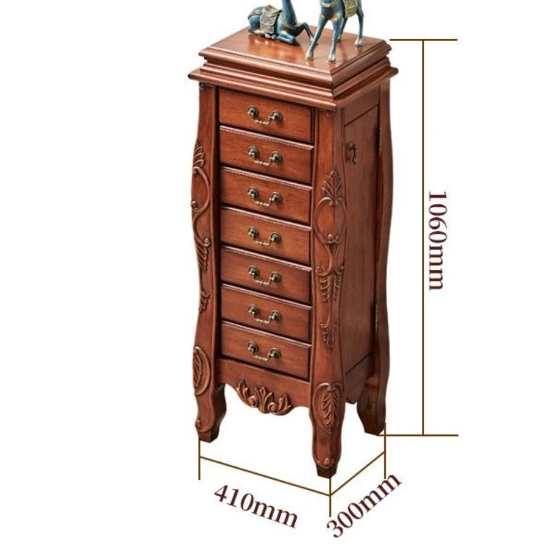 ארון אחסון תכשיטים מעץ מוצק עם מראה, מגירות לסלון, ארון תכשיטים דלי רטרו יוקרתי לרהיטי חדר שינה