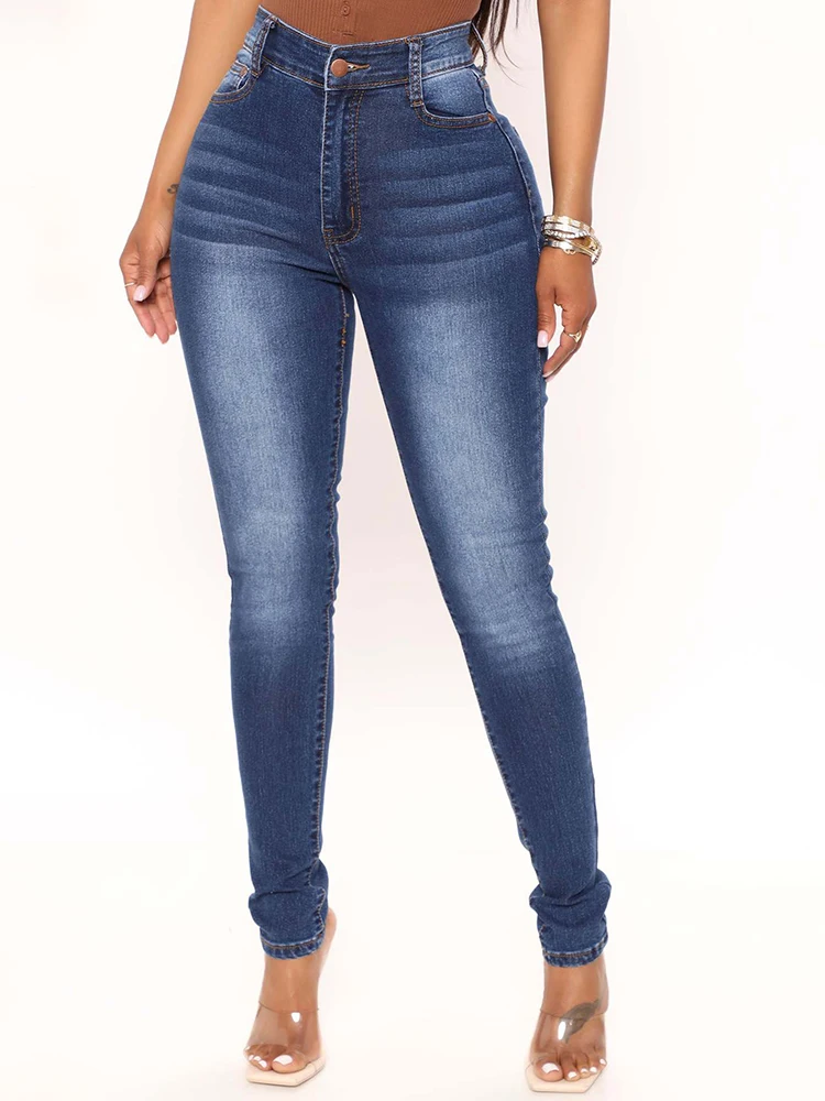 

Casual Women High Waistline Zipper And Button Closure Denim Pencil Pants Slim Fit Ankle Length Stretchy Jeans With Multi Pockets