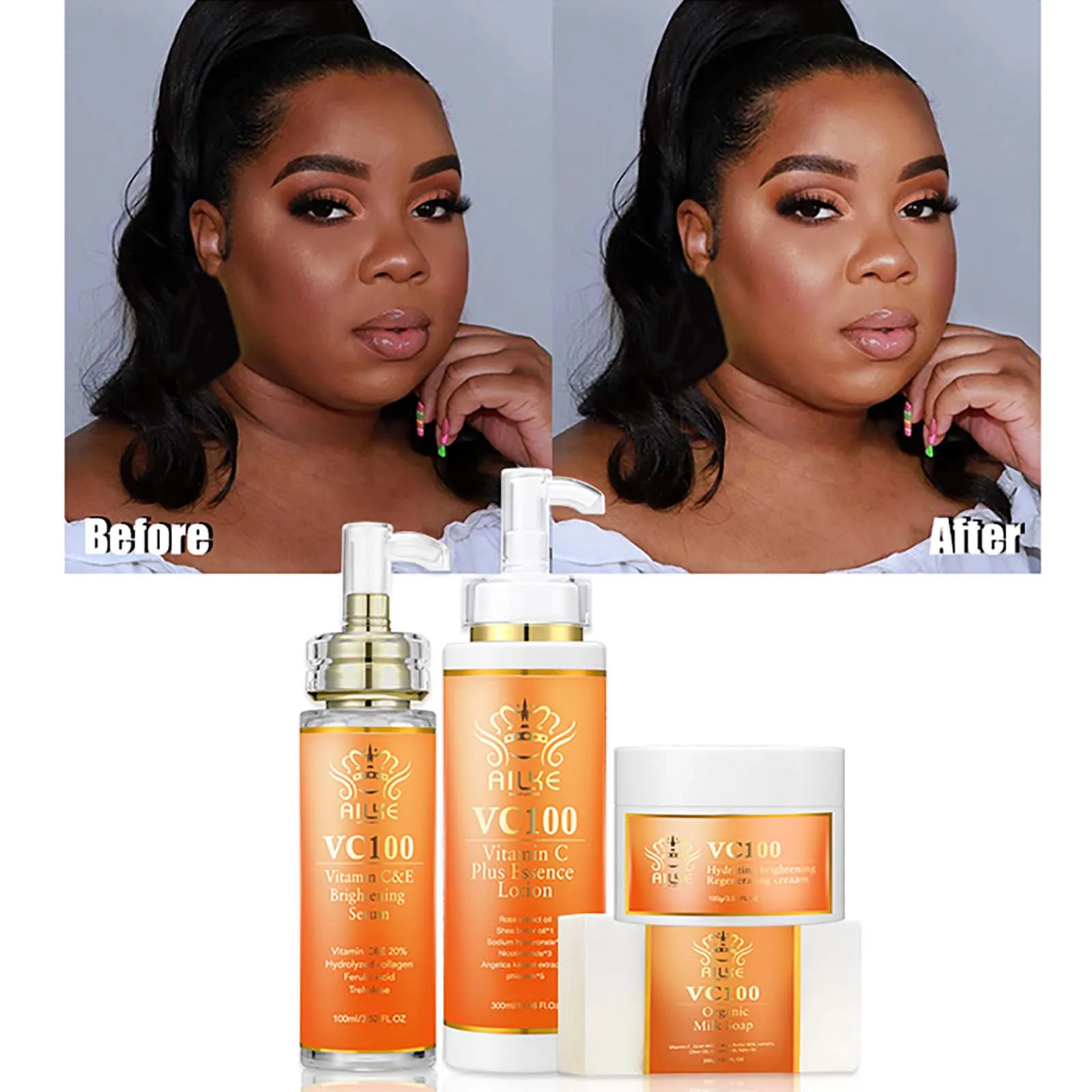 AILKE Vitamin C Whitening Set for Women, Reduce Dark Spots, Hyperpigmentation, Skin Moisturizer, With Collagen, Vitamin E