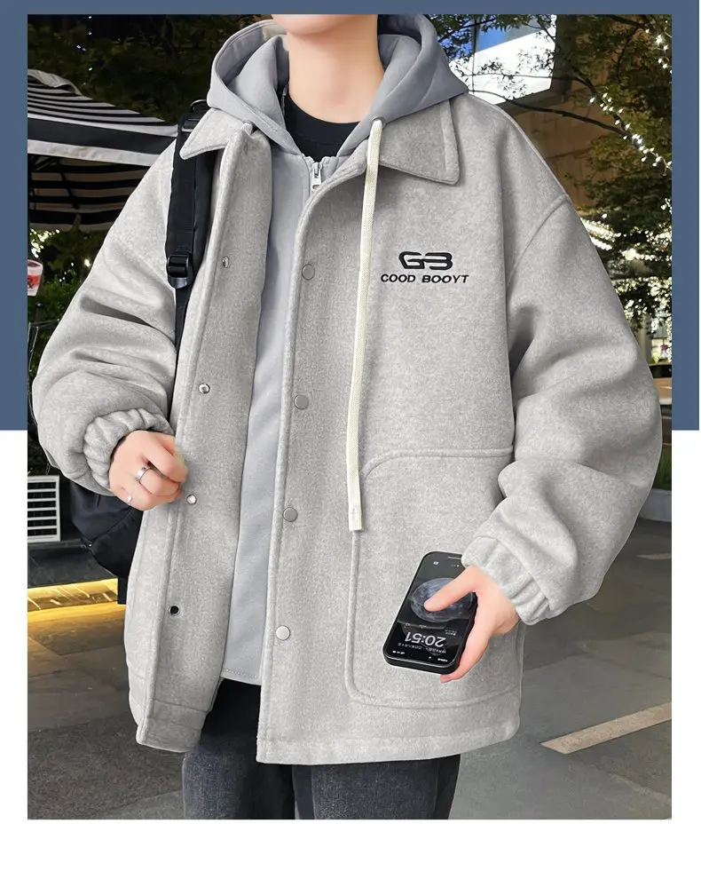 Lässige Herren-Fleece-Futtermäntel mit Kapuze, 20225, Winter, Jugend, Streetwear, lockere Plüsch-warme Jacke, winddicht, samtgepolstertes Oberteil – Detail 17