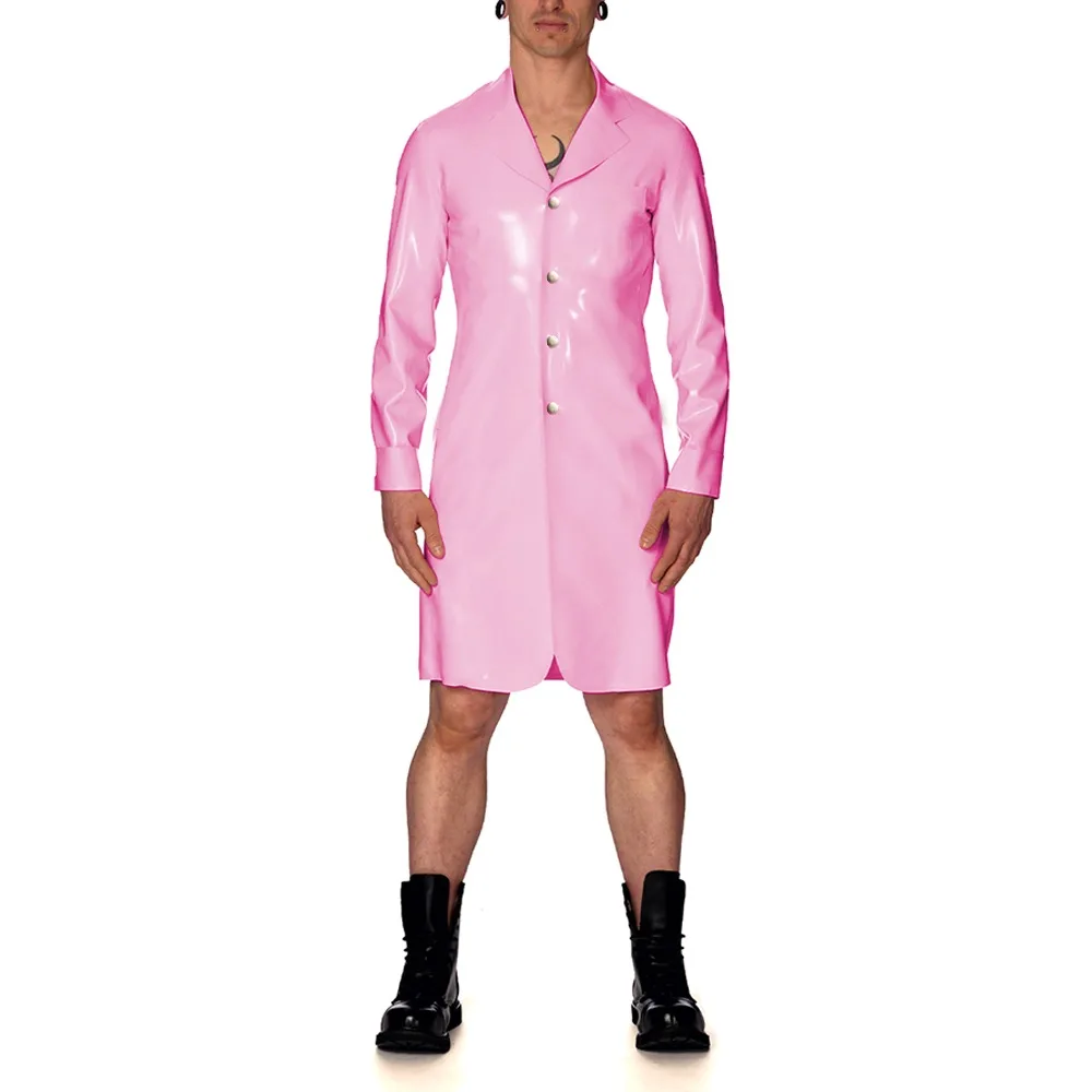 Men Vinyl PVC Leather Lapel Neck Long Sleeve Trench Coat Wetlook Button Up Male Long Jackets Cothic Party Club Cosplay Coats 7XL