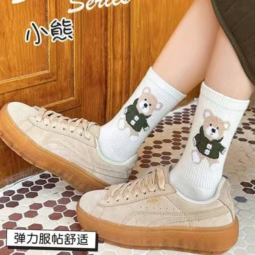 Socks Women\'S Autumn Winter Spring Kawaii Bear Cute Cartoon Harajuku Short Middle Tube Sock Sports Cotton Calcetines Mujer meias