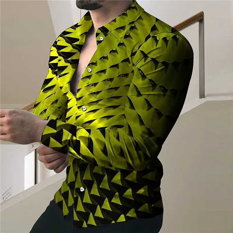 3D printed men's shirts Weird geometric pattern men's open lapel tops Casual and comfortable long-sleeved men's shirts