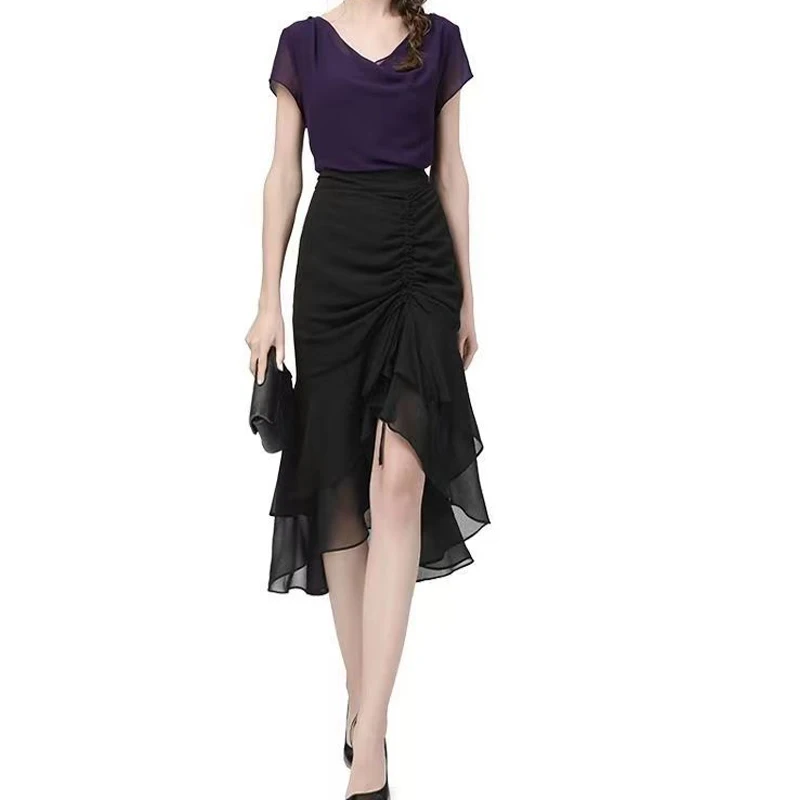 Summer New Chiffon Pleated High Waist Skirts Split Hem Lacing Solid Mid Length Hip Wrap Skirt Elegant Fashion Women Clothing