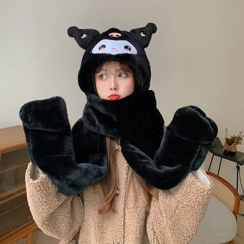 Kuromi Cinnamoroll Winter Plush Ear Move Hat with Scarf for Women Kids Ear Hat Scarf Gloves Set 3 In 1 Children Cute Cartoon Cap