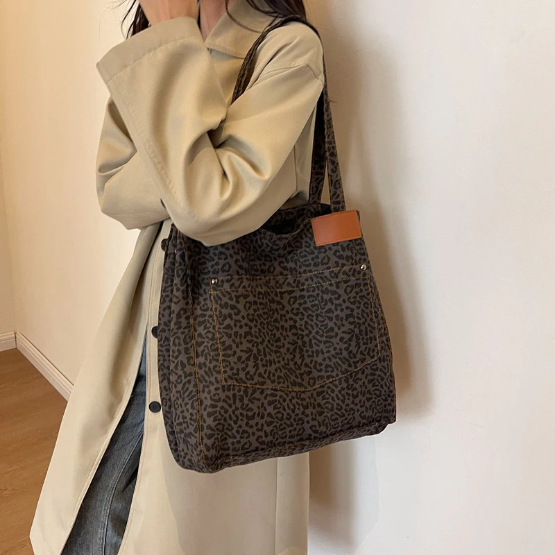Oversized Leopard Print and Canvas Shoulder Bags