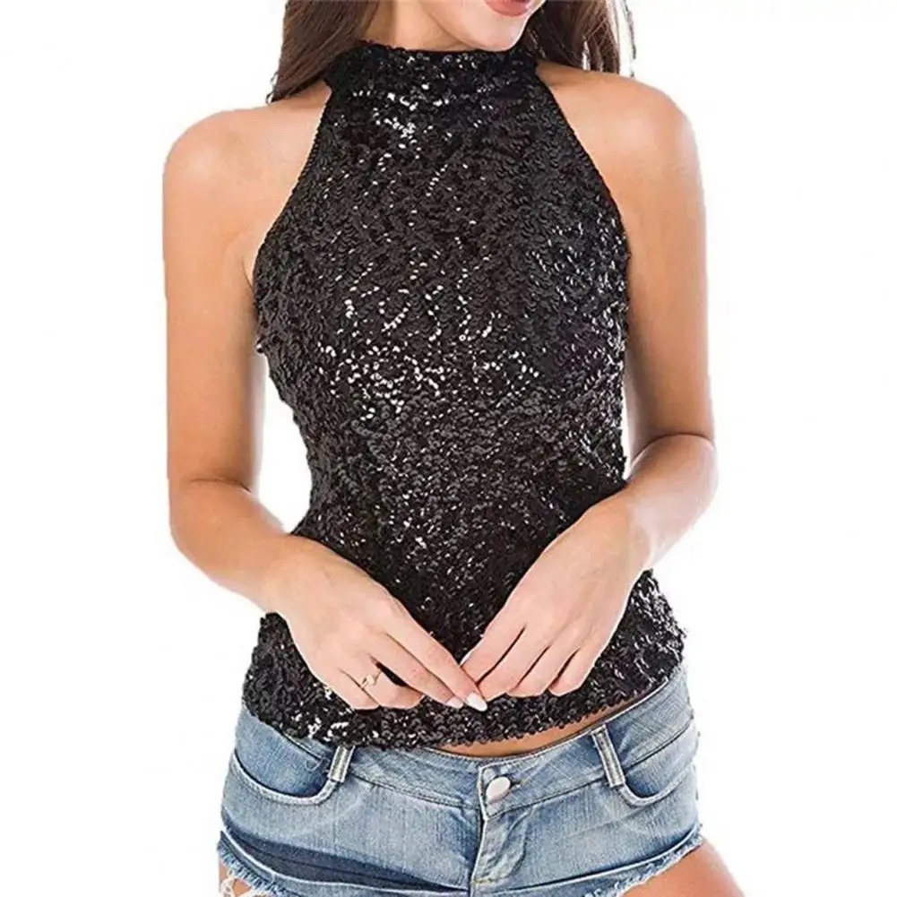 Tank Top Sequin Off Shoulder Halter Neck Club Dance Tank Top for Women Shiny Slim Fit Stage Performance Vest Solid Color Slim club 57 film performance and art in the east village 1978–1983