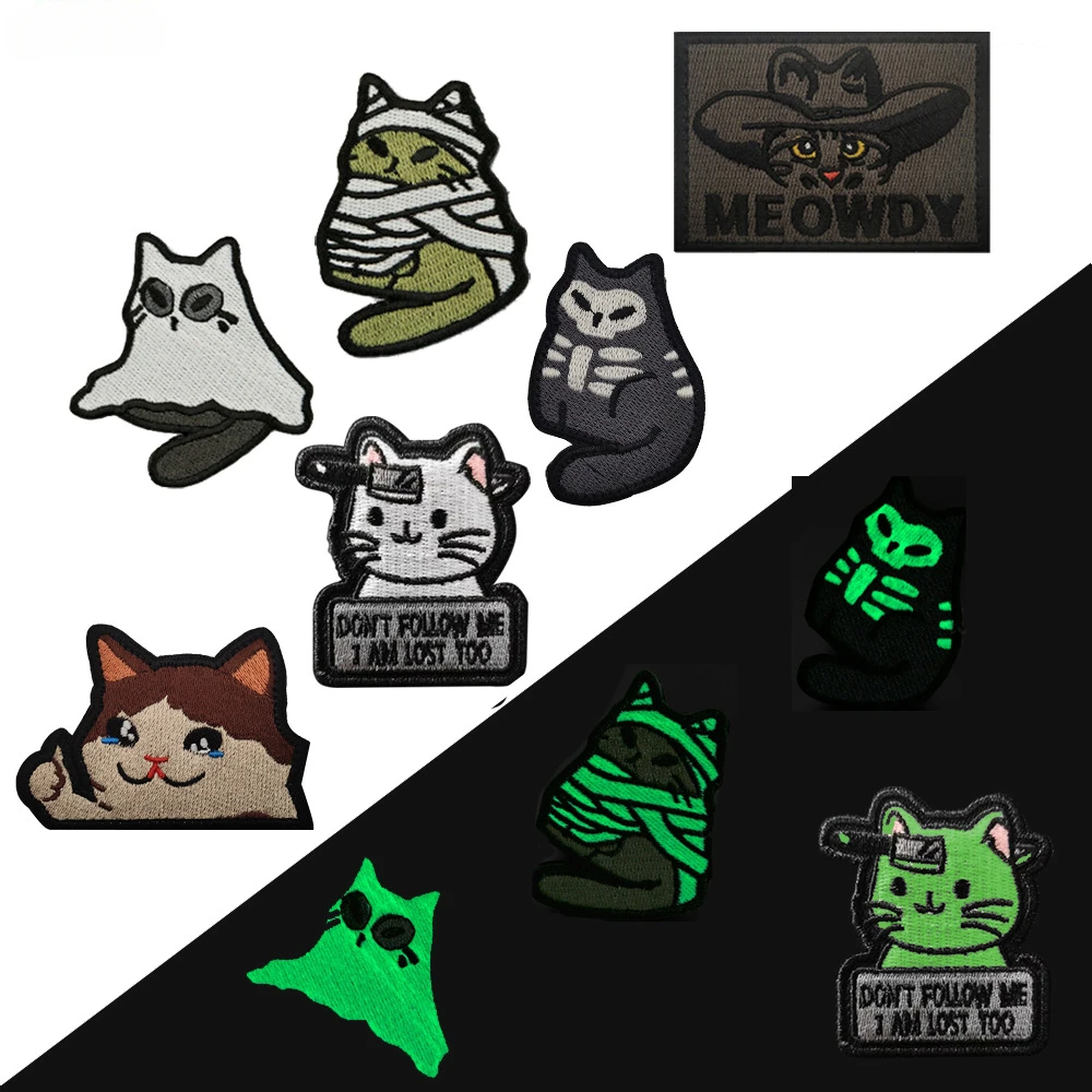 

Cartoon Cat Series Badge Nightlight Ghost Cat Embroidery Patch Fabric Sticker Outdoor Tactical Backpack Hook &Loop Badge