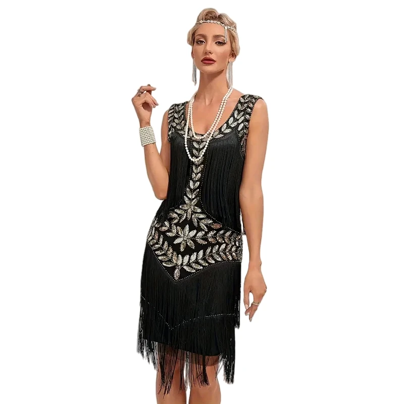 1920s Sleeveless Flapper Dresses Scoop Neck Great Gatsby Dresses Fringed Sequin Roaring 20s Dress Cocktail Party Costume 4