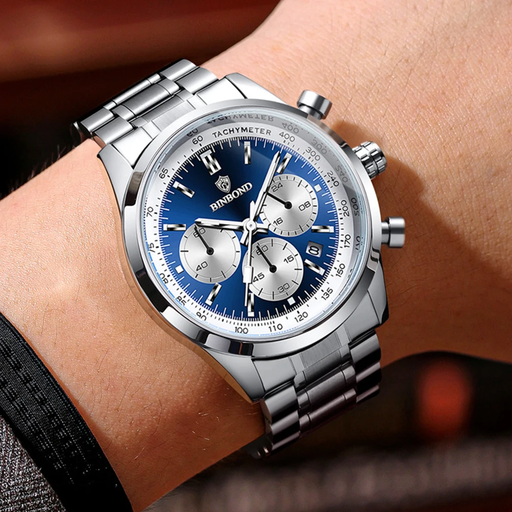 BINBOND Fashion Men's Watches Trend Multifunctional Original Quartz Watch for Man Waterproof Stainless Steel Chronograph Watch 3