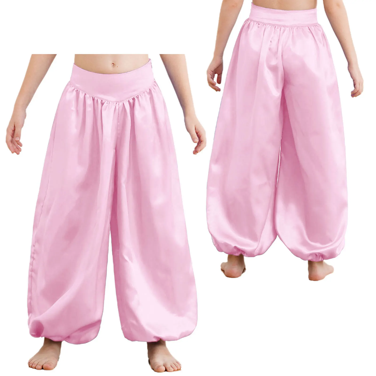 Indische Tanzhose für Kinder und Mädchen, weicher Satin, weites Bein, Pumphose, Ballsaal, Bauchtanzhose für Halloween, Karneval, Tanzaufführung – Detail 2