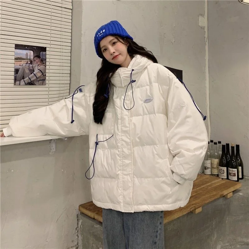 

Winter Jacket Women Korea Streetwear Cargo Coat Short Loose Down Cotton Bread Coat Hooded Drawstring Sweet Girl Warm Parka