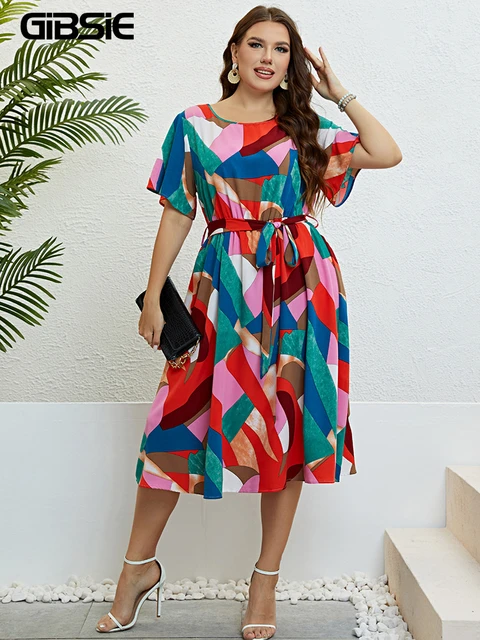 GIBSIE Geo Print O-Neck Belted Midi Dresses Plus Size Summer Short Sleeve Women  Fashion Vintage A-line Casual Dress 2023 New - AliExpress
