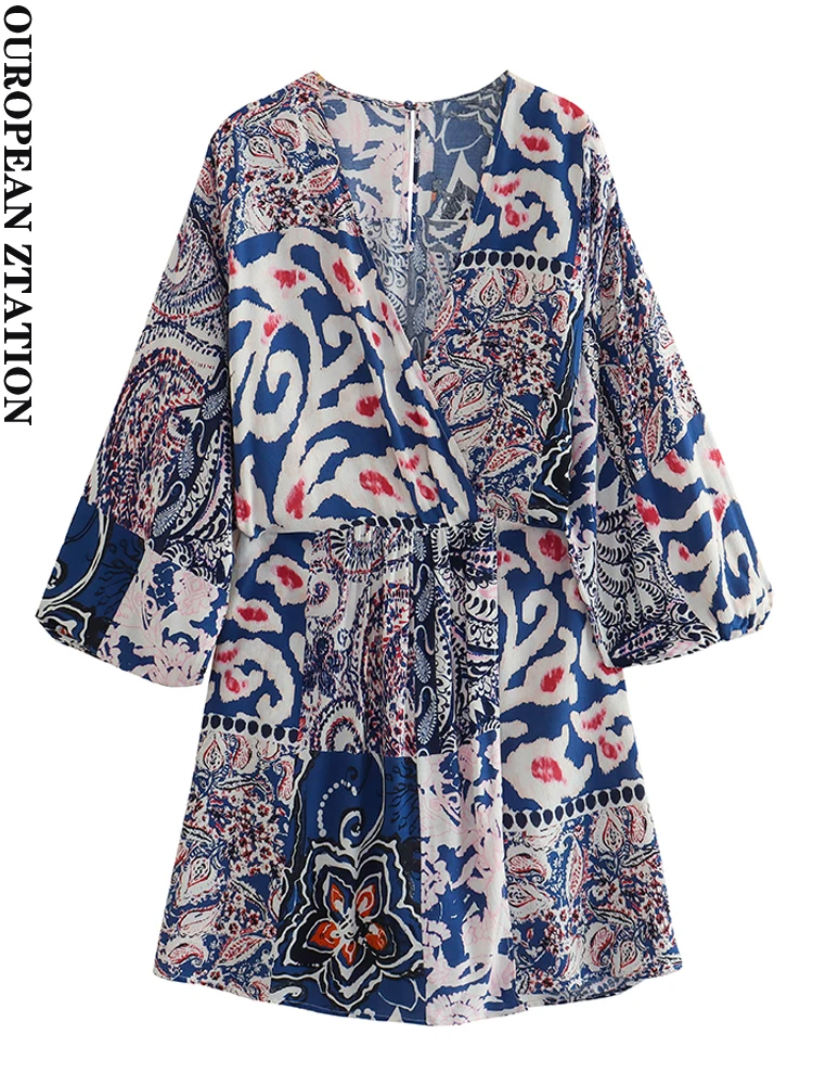 

PAILETE Women 2023 fashion patchwork printed playsuits vintage three quarter sleeve elastic waist female jumpsuits mujerPAILETE