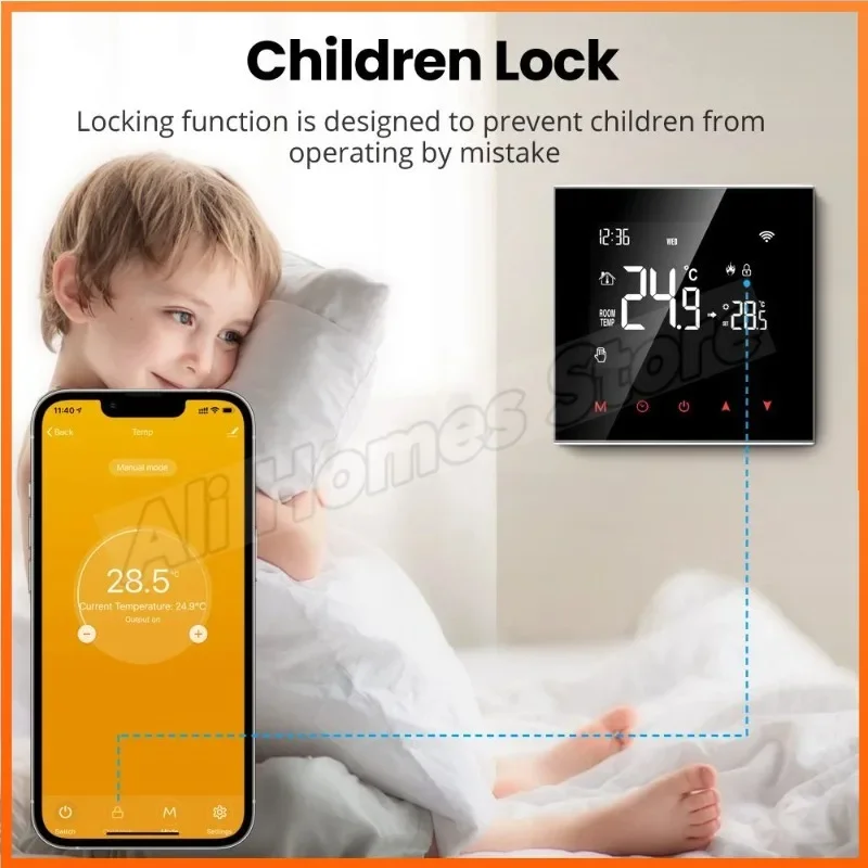 ตัวควบคุมอุณหภูมิอัจฉริยะแบบสัมผัสหน้าจอสำหรับเครื่องทำความร้อนพื้นไฟฟ้า/หม้อต้มน้ำ/แก๊ส  ควบคุมผ่าน WiFi ของ Tuya รองรับ Google Home และ Alexa 1