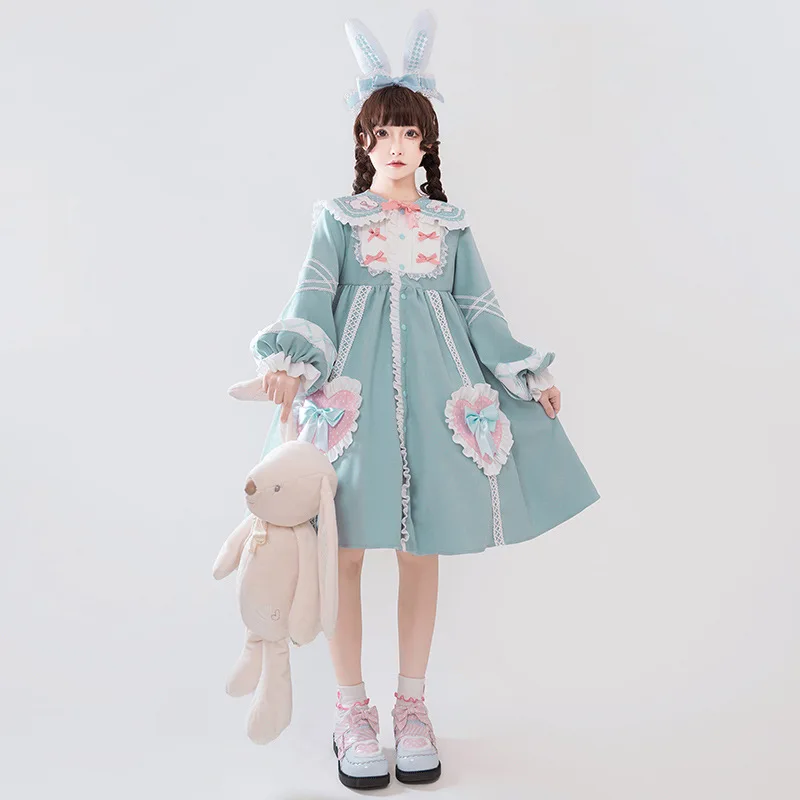 

Kawaii Lolita Op Lovely Pure Color Autumn And Winter Japanese Sweet Princess Long Puff Sleeve Peter Pan Collar Sweety Girls