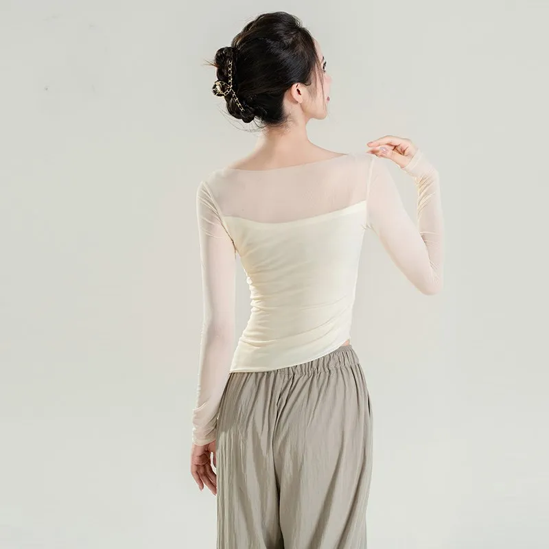 Blue Long Sleeve Practice Clothes Gauze Round Neck Sexy Classic Top For Dancing Chinese Traditional Folk National Body Rhyme