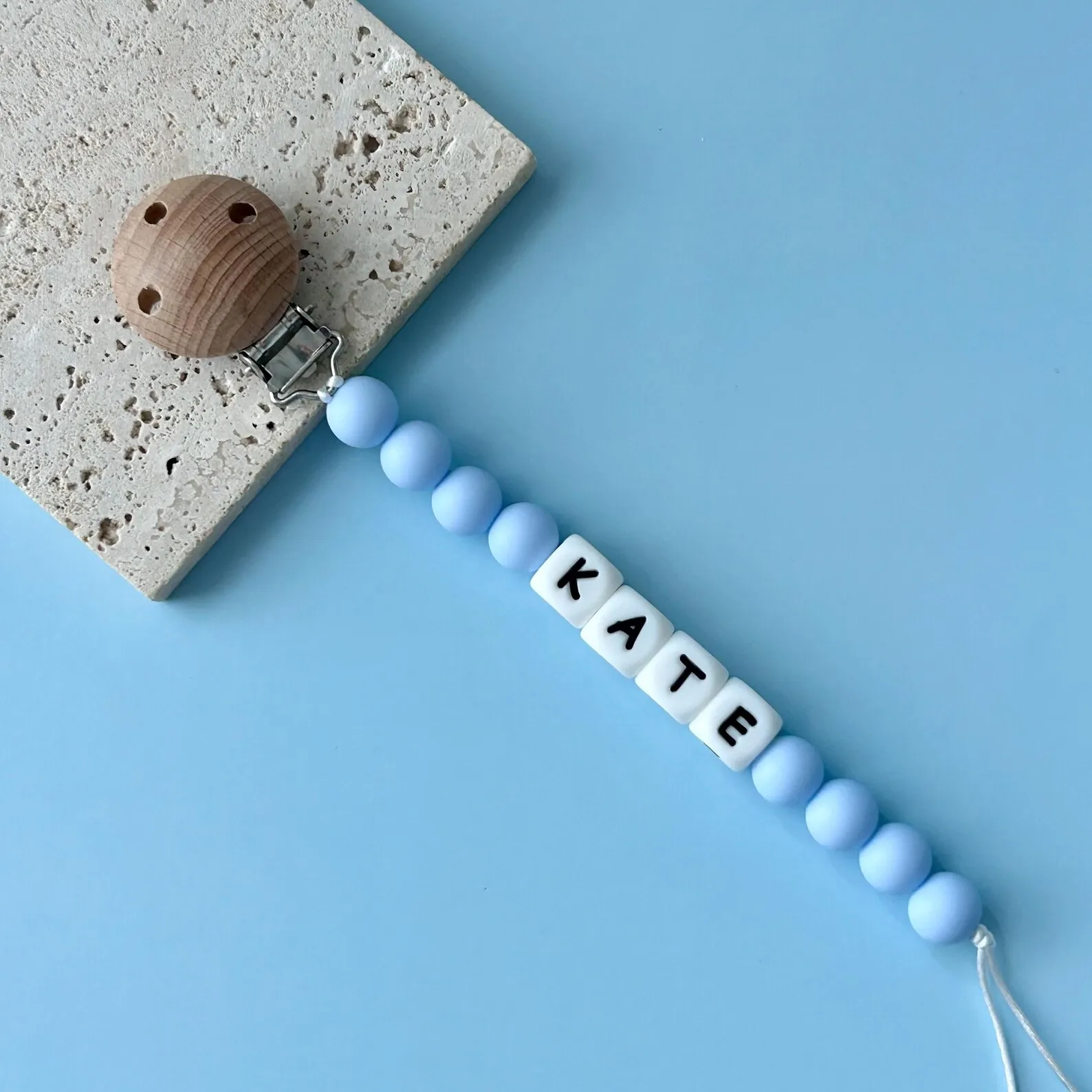 Baby Pacifier Clip with Silicone Alphabet Beads, Personalized Infant Teething Toy Holder