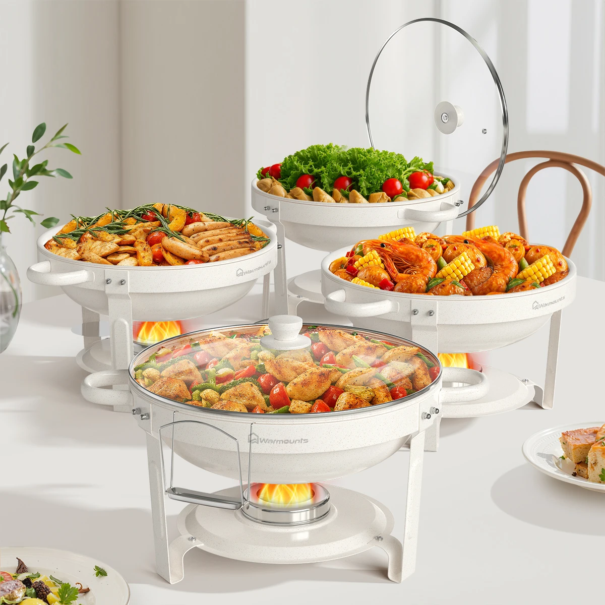 White Round Chafing Dishes Buffet Set with Glass Lid