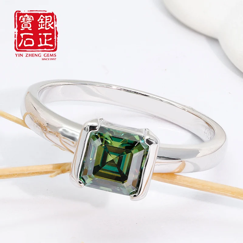 YinZheng Asscher Cut D VVS1 Green Moissanite Rings Pass Diamond Test S925 Sliver With GRA Certificate Wedding Rings For Women 4