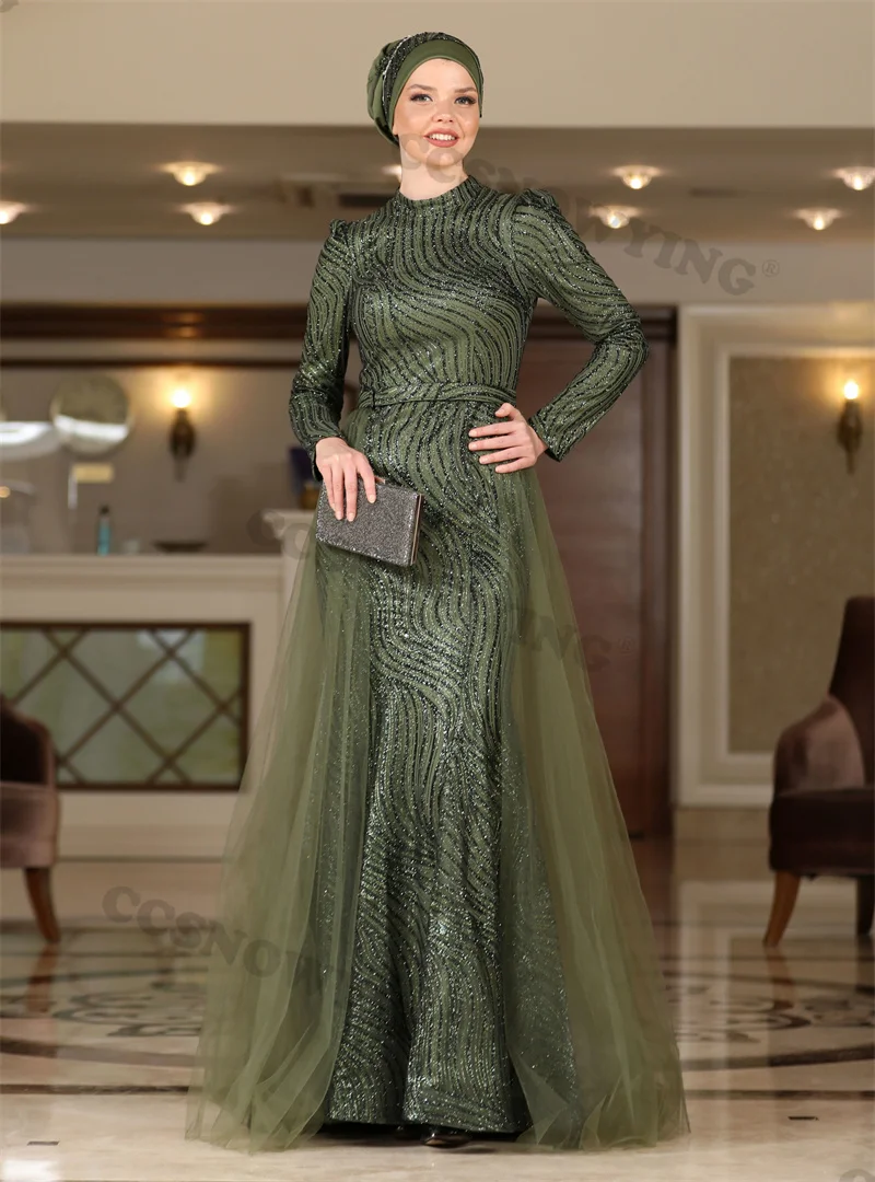 

Tulle Sequin Hijab Muslim Evening Dresses Long Sleeve A Line Islamic Formal Party Gown Women Arabic Kaftan Robes De Soirée
