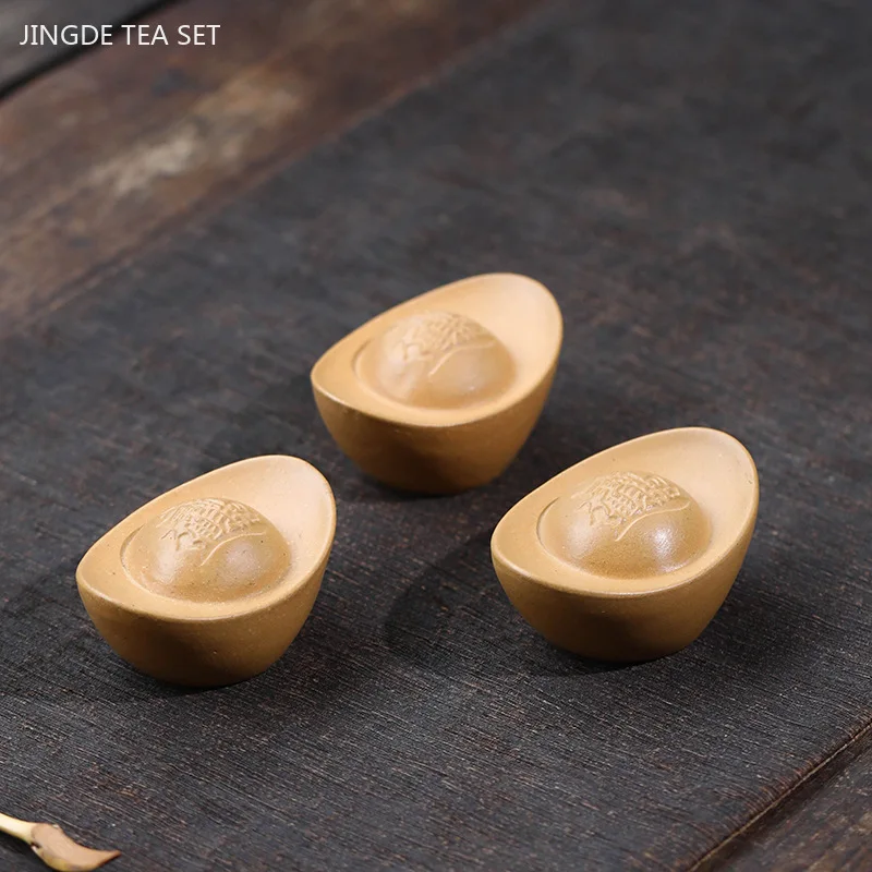 1Pc Yixing Purple Sand Tea Pet Handmade Ingot Model Ornaments Chinese Tea Set Decoration Tea Table Feng Shui Decor Crafts