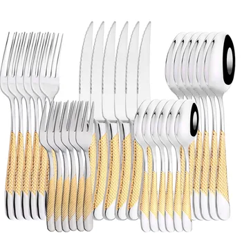 AJOYOUS 30 pezzi set di stoviglie coltelli da bistecca forchetta cucchiaio da tè set di posate posate occidentali in acciaio inossidabile stoviglie da cucina 1
