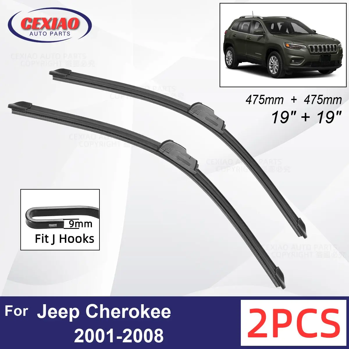 

Автомобильный стеклоочиститель для Jeep Cherokee 2001-2008, передние стеклоочистители, мягкие резиновые стеклоочистители для автомобильного лобового стекла, 19 + 19 дюймов, 475 мм + 475 мм