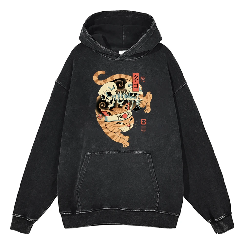 Funny Samurai Cat Print Hoodies Men Women Cartoon Vintage 100% Cotton Gothic Sweatshirts Casual Pullover Hip Hop Y2K Sportswear
