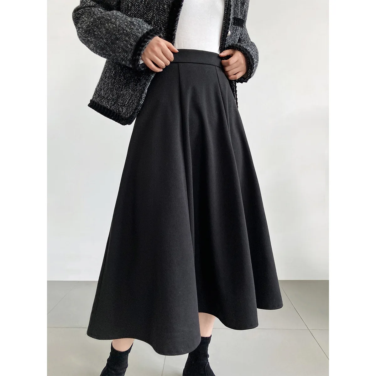 

Winter Fall Fashion Women's Solid Color Simple Basic A-line Skirt Office Lady Empire Waist Mid-long Vintage Casual Woolen Dress