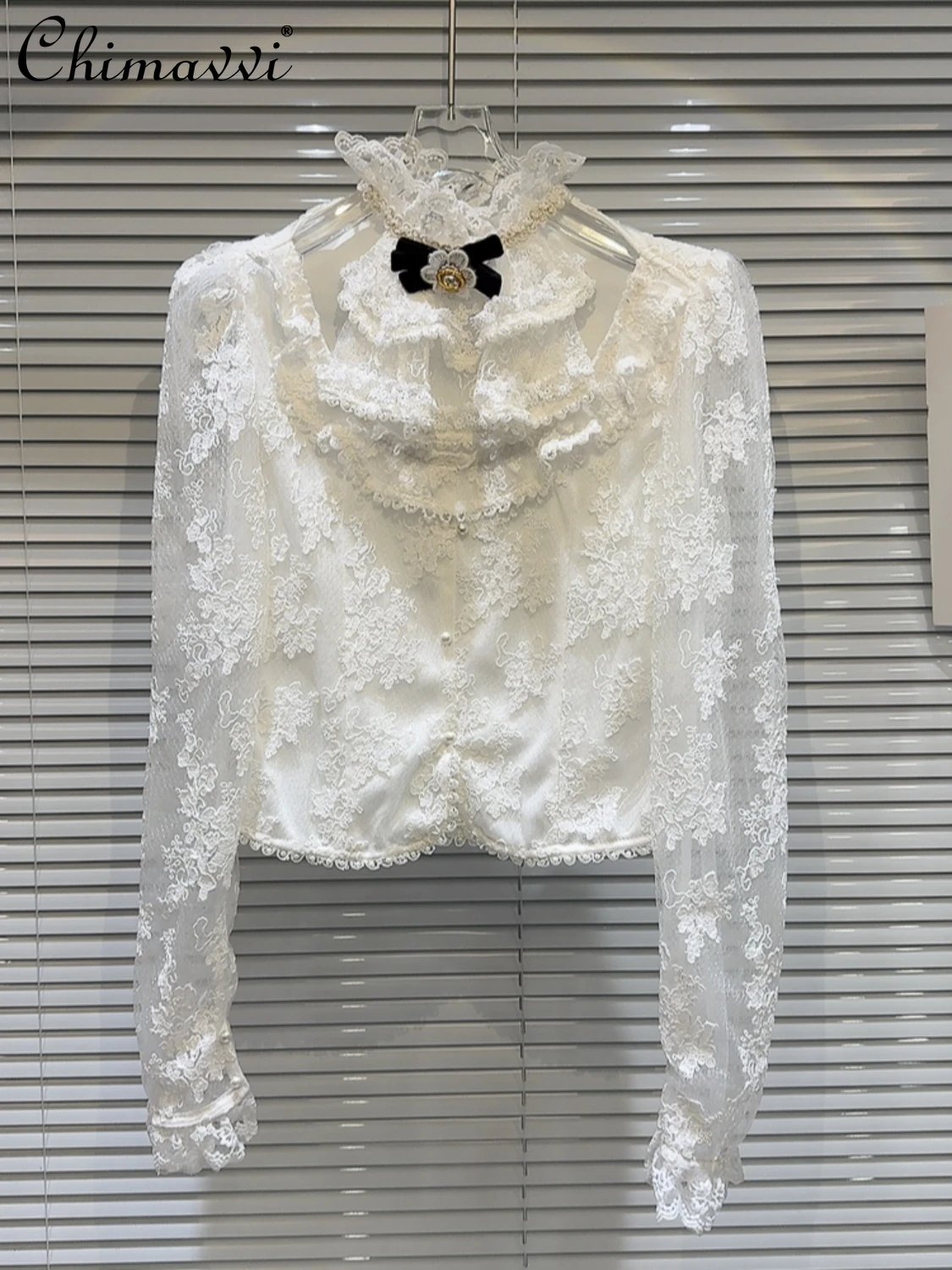 

White Shirt 2024 Spring clothes New Fashion Flower Bow Tie Embroidered Neckline Chiffon Crocheted blouse Temperament Tops