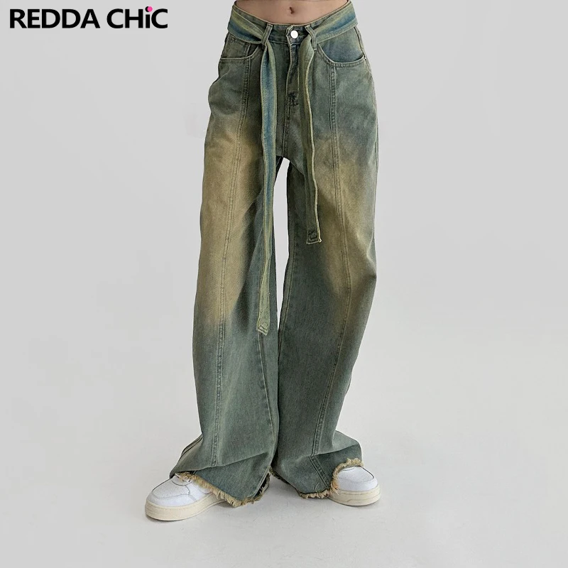 

ReddaChic Bandage Belted Women Baggy Jeans Raw Hem High Rise Wide Leg Pants 2000s Vintage Washed Trousers Grunge Y2k Streetwear