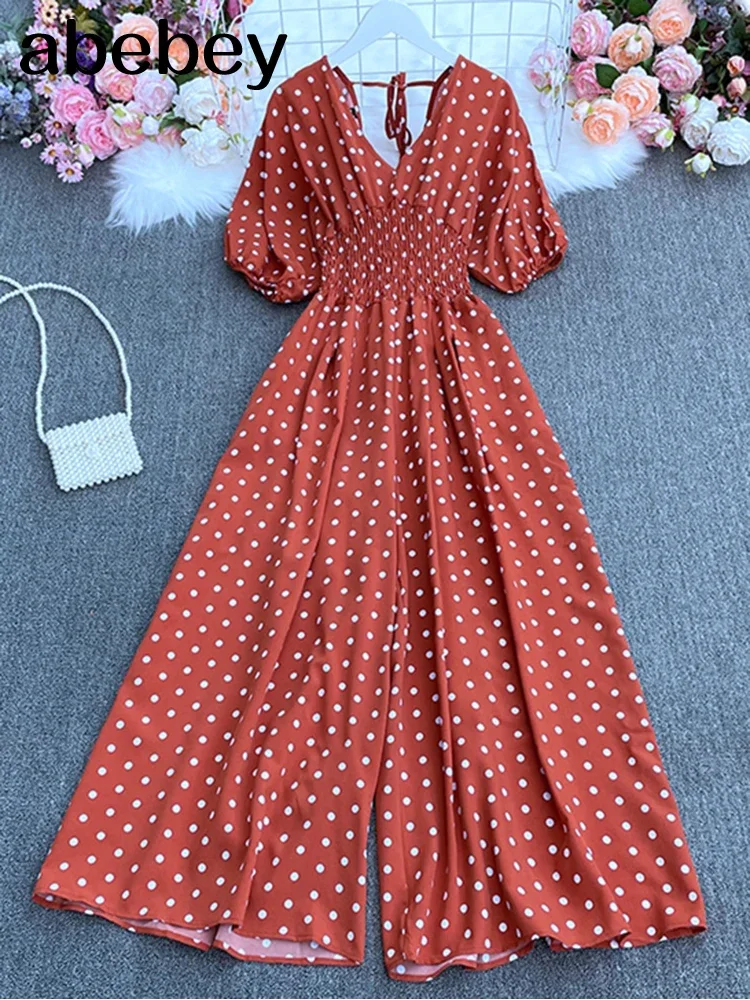 여름 점 휴일 캐주얼 와이드 레그 점프 슈트 V 넥 퍼프 슬리브 허리 탄성 Rompers 루스 비치 롱 playsuits