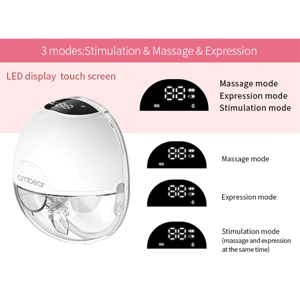 cmbear Electric Breast Pump Hands Free Wearable Breast Pump for Breastfeeding Levels Low Noise Comfort Milk Collector BPA-free 3