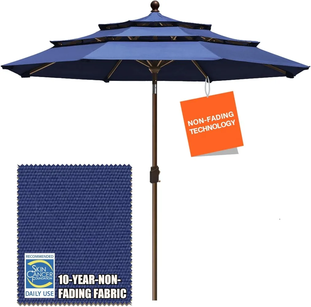 

США, 10 лет, не выцветающий, 9 футов, 3-ярусный зонт для рынка, зонтик для внутреннего дворика, внешнее освещение с вентиляцией, темно-синий