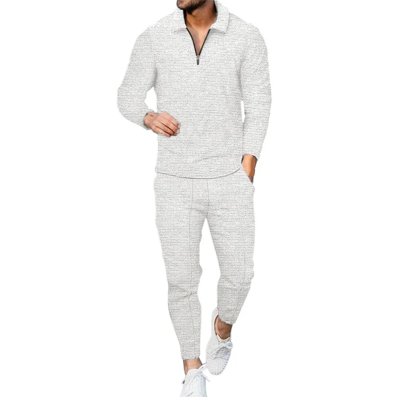 Autumn Winter Two-piece Set Men's Zipper Lapel Neck Long Sleeve Tops Slim Fit Pencil Pants New Waffle Fabric Sports Casual Suits