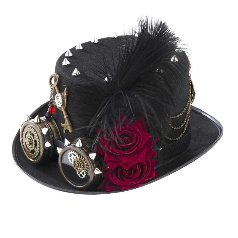 

Punk Black Goggles Dark Rose Chain Feather Top Hat Gear Chain Steampunk Hat Halloween Hat for Halloween drop shipping