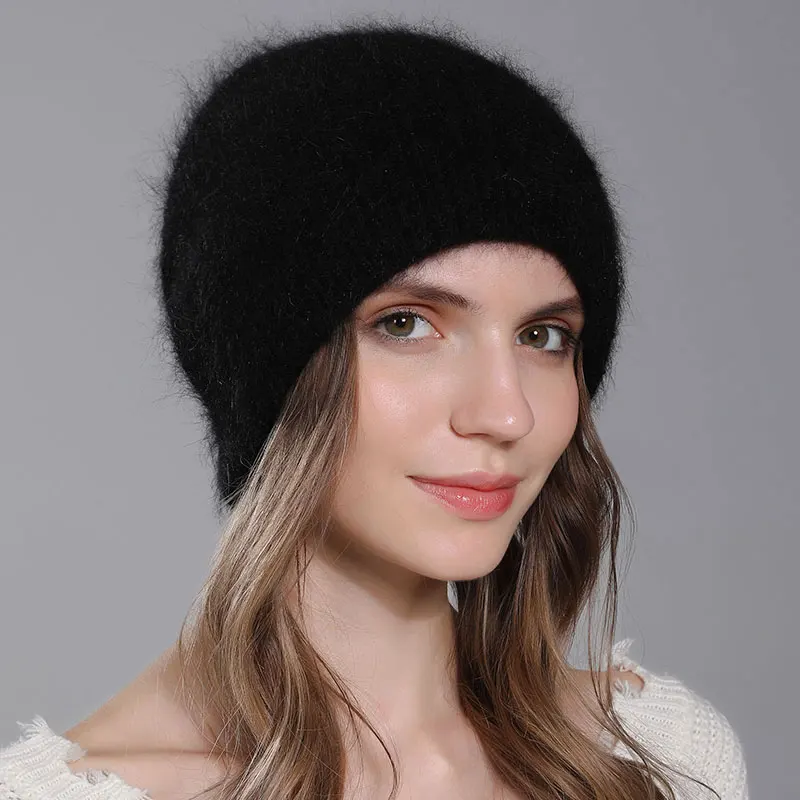 CNTANG Hat For Women Winter Warm Fashion With Diamond Flower Beanies Knitted Angora Long Rabbit Fur Hats Double Layer Ladies Cap 3