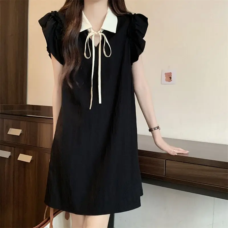 Sweet Lapel Lace Up Bow Butterfly Sleeve Princess Dress Female Clothing 2024 Summer New Loose Solid Color Sleeveless Dress