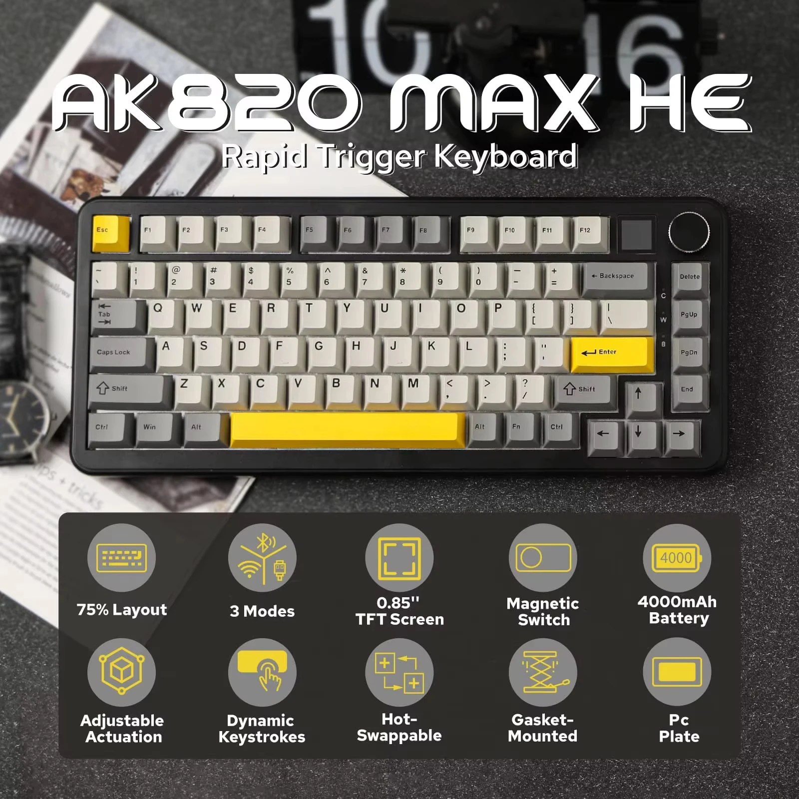 Ajazz ak820max teclado de interruptor magnético com fio/sem fio
