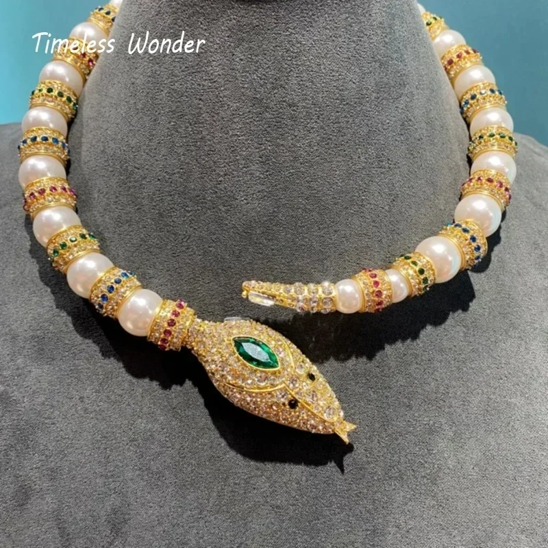 

Timeless Wonder Fancy Zircon Pearl Snake Torque Necklaces for Women Designer Jewelry Goth Runway Luxury Rare Gift Top Set 4526