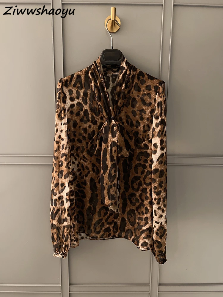 

High Quality Summer Women Fashion Runway Designer Lantern Sleeve Leopard Printed Bow Loose Real Silk Shirts Blouses