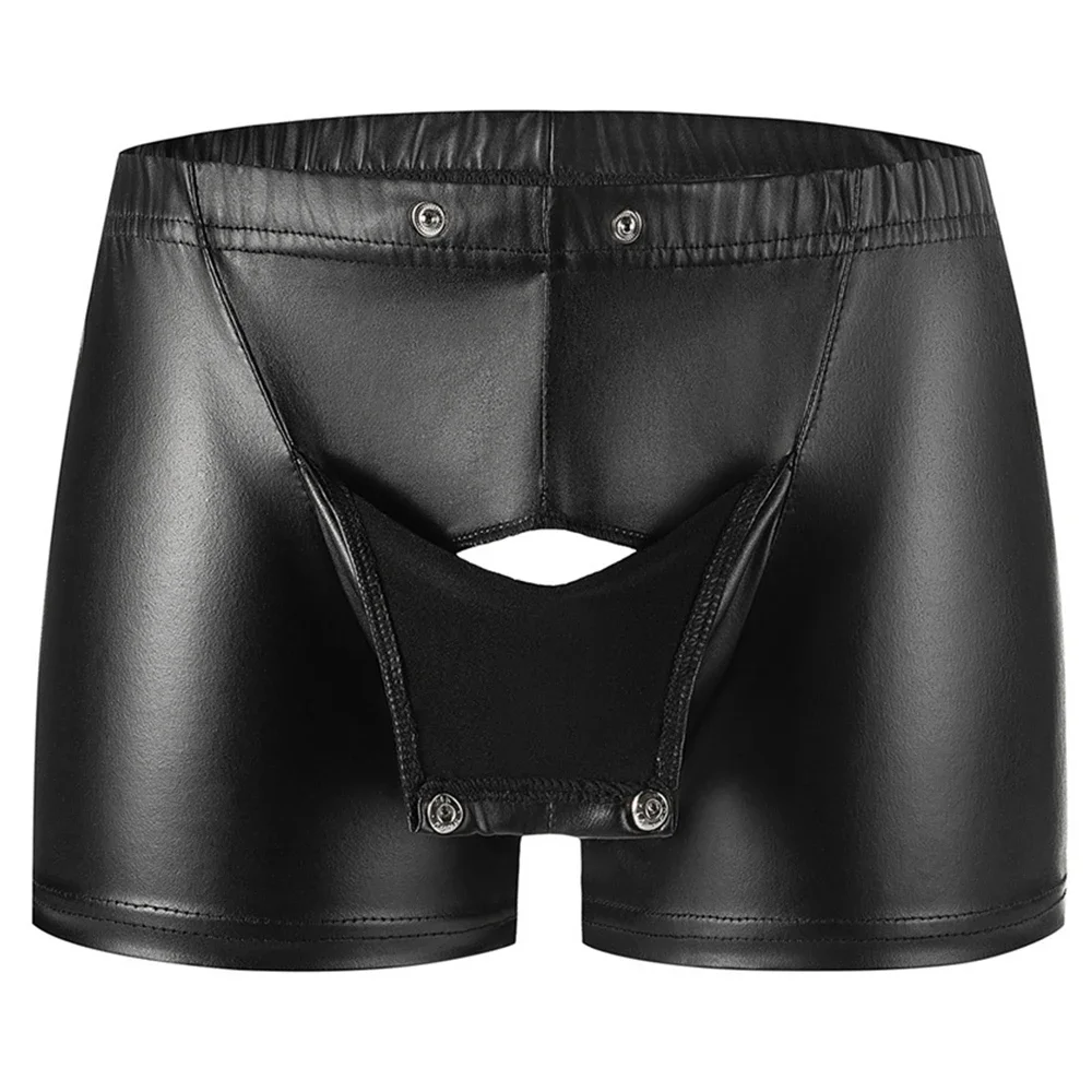 

Sexy Men Leather Boxer Shorts Erotic Open Crotch Lingerie Stage Performance Costume U Convex Pouch Leather Boxershorts Underwear