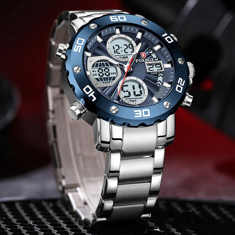 LIGE 2024 New Fashionable Style Dual Time Display LCD Digital Analog Quartz Mens Watches Luminous Water Resistant Man Wristwatch