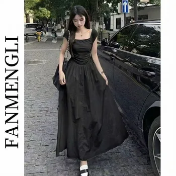 French style black fitted long dress for women, summer slimming and elegant dress, high-end pure color A-line 1